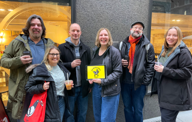 Tour group outside a coffee shop in NYC